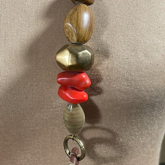 Coldwater Creek Long Necklace Coral Stone Rawhide Gold Tone Wood - Picture 3 of 4